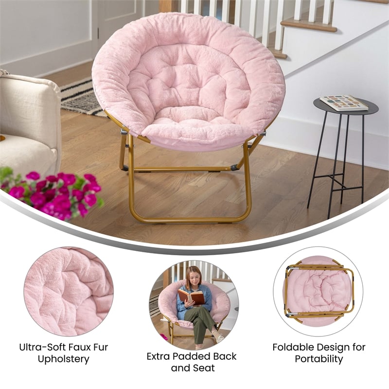 Folding XL Faux Fur Saucer Chair for Dorm or Bedroom - Blush/Soft Gold
