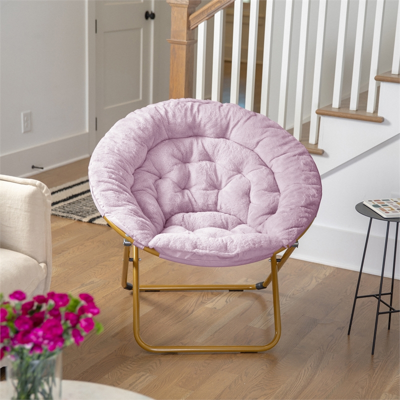 Folding XL Faux Fur Saucer Chair for Dorm or Bedroom - Dusty Purple/Soft Gold
