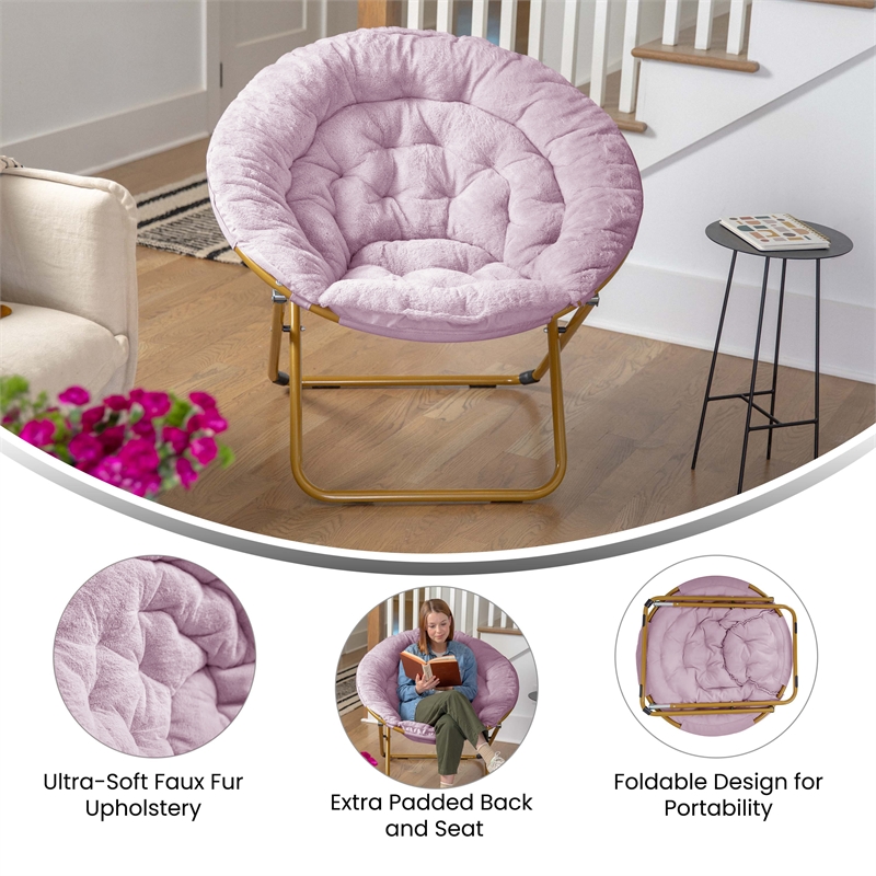 Folding XL Faux Fur Saucer Chair for Dorm or Bedroom - Dusty Purple/Soft Gold