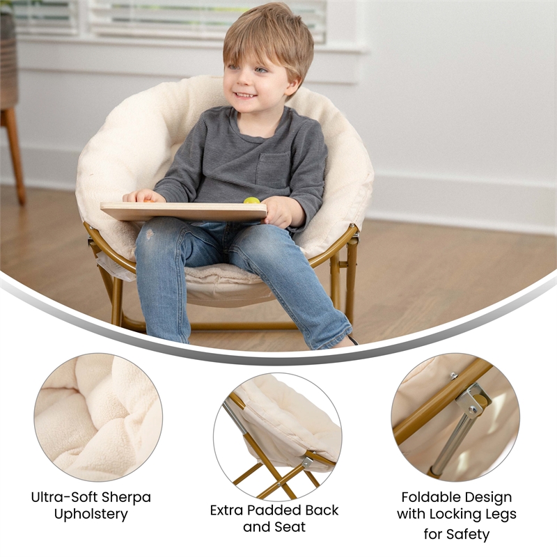 Kids Folding Faux Fur Saucer Chair for Playroom or Bedroom-Ivory/Soft Gold