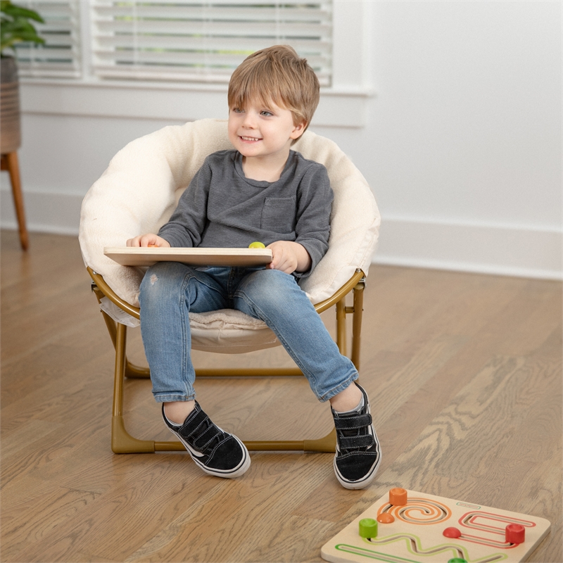 Kids Folding Faux Fur Saucer Chair for Playroom or Bedroom-Ivory/Soft Gold