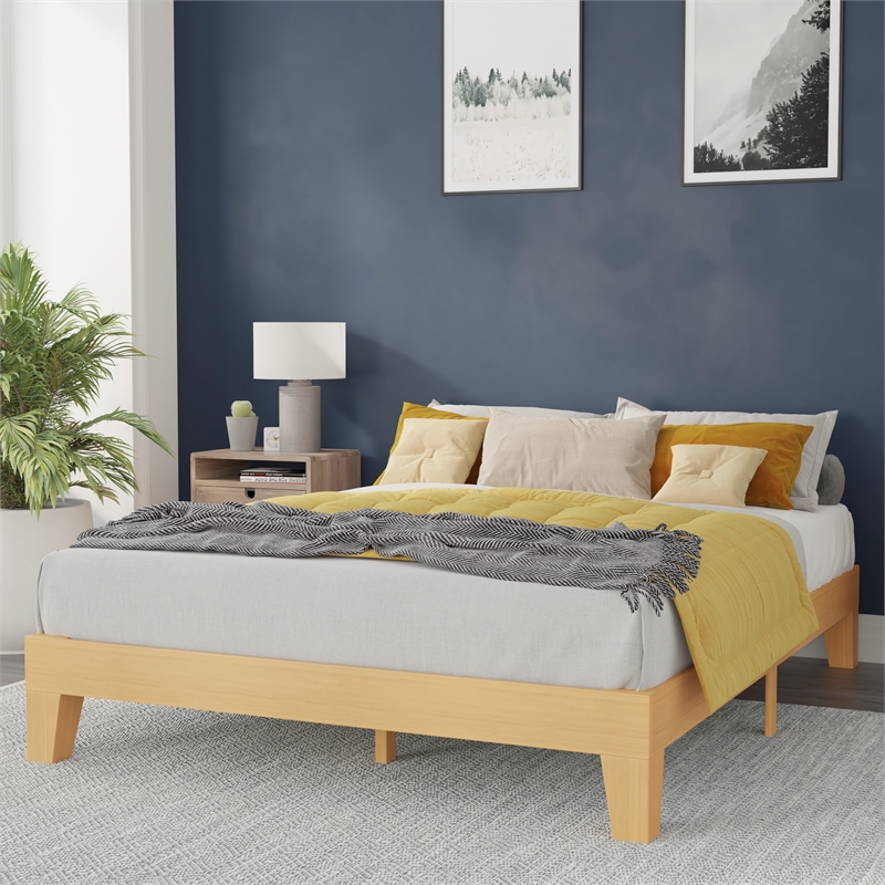 Wood Platform Bed with 14 Wooden Support Slats in Natural Pine - Queen