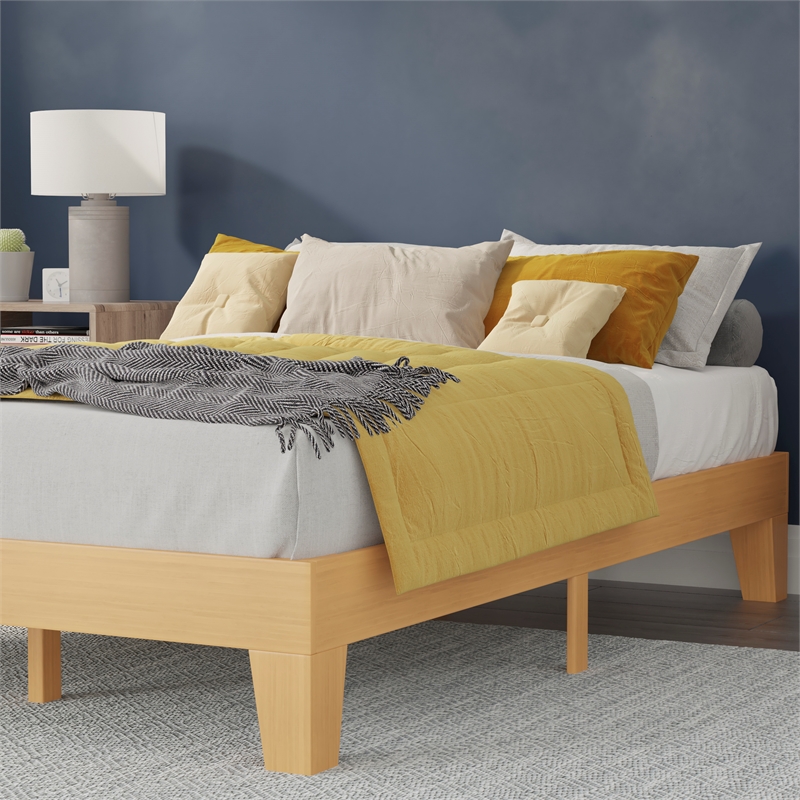 Wood Platform Bed with 14 Wooden Support Slats in Natural Pine - Queen