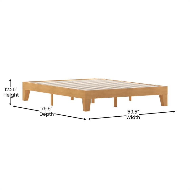 Wood Platform Bed with 14 Wooden Support Slats in Natural Pine - Queen