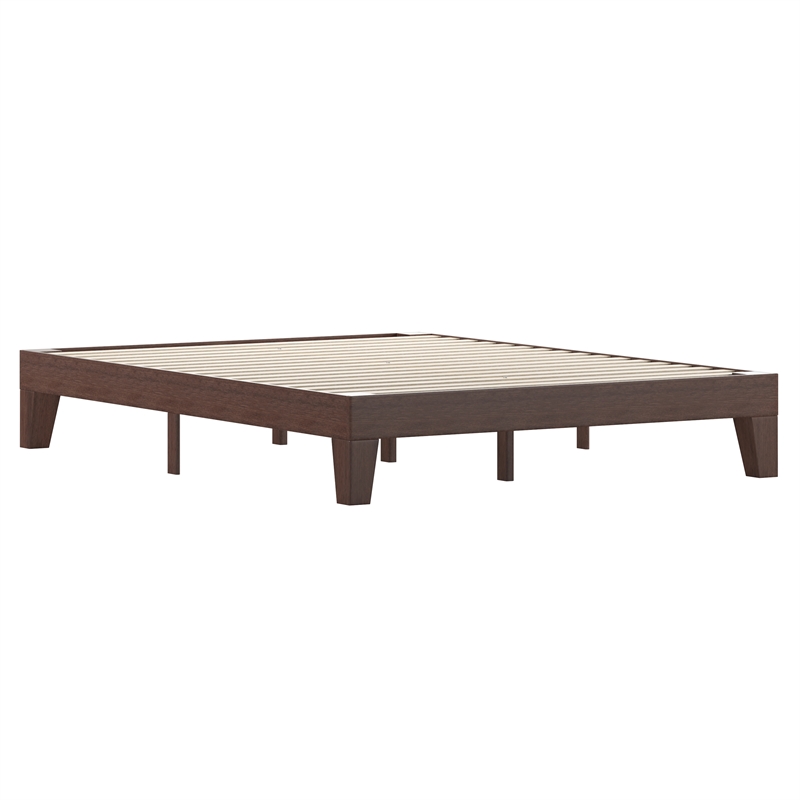 Wood Platform Bed with 14 Wooden Support Slats in Walnut - Queen