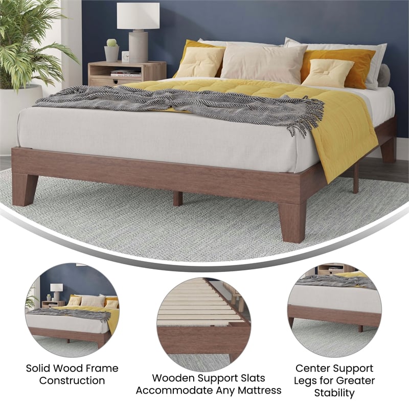 Wood Platform Bed with 14 Wooden Support Slats in Walnut - Queen