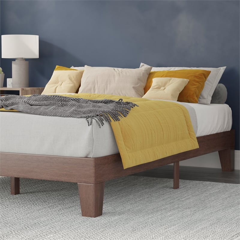 Wood Platform Bed with 14 Wooden Support Slats in Walnut - Queen