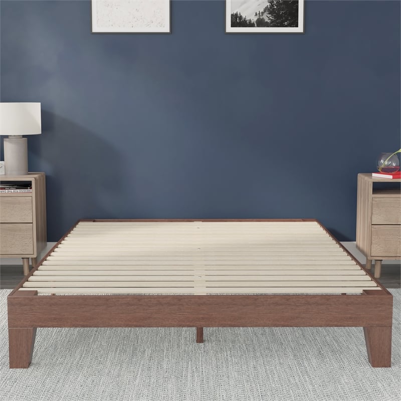 Wood Platform Bed with 14 Wooden Support Slats in Walnut - Queen