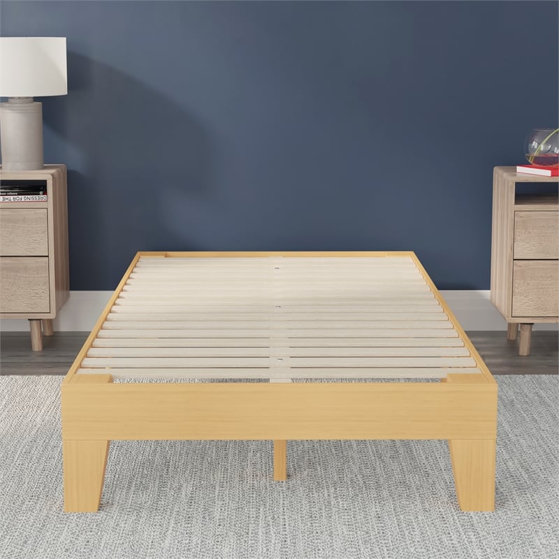 Wood Platform Bed with 14 Wooden Support Slats in Natural Pine - Twin