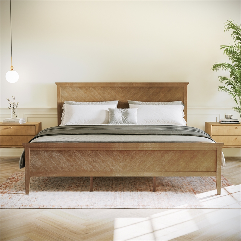 Solid Wood King Platform Bed Frame with Headboard and Footboard in Light Brown
