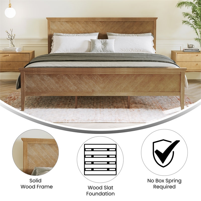 Solid Wood King Platform Bed Frame with Headboard and Footboard in Light Brown