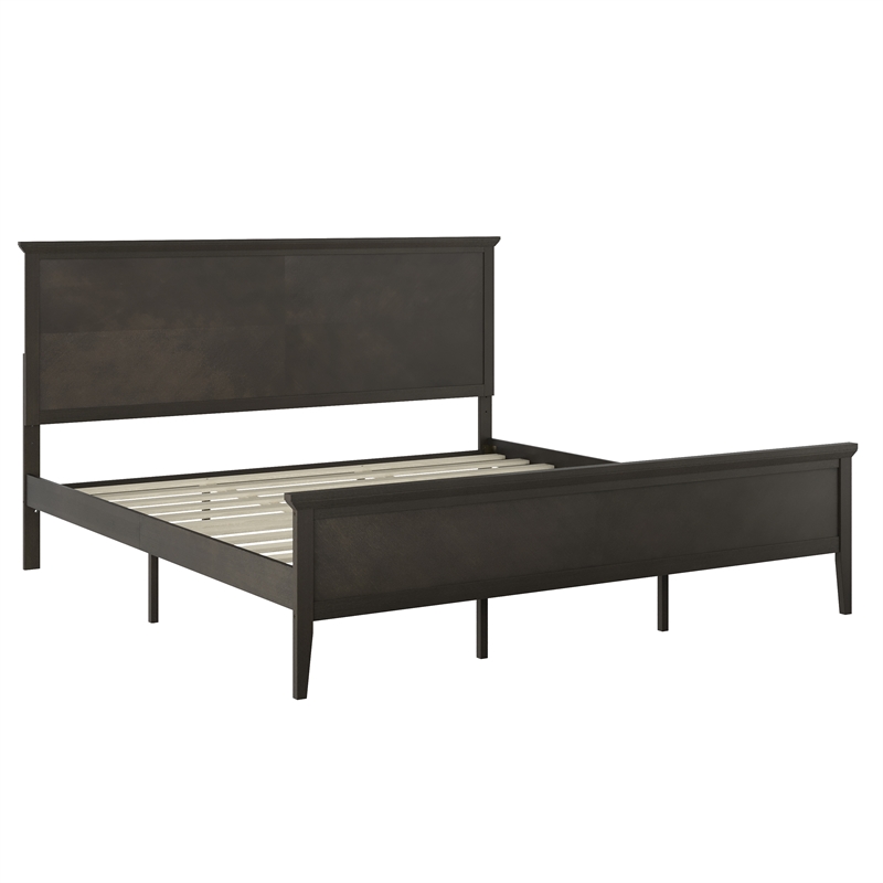 Solid Wood King Platform Bed Frame with Headboard and Footboard in Dark Gray