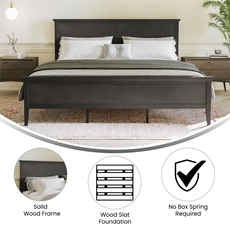 Solid Wood King Platform Bed Frame with Headboard and Footboard in Dark Gray