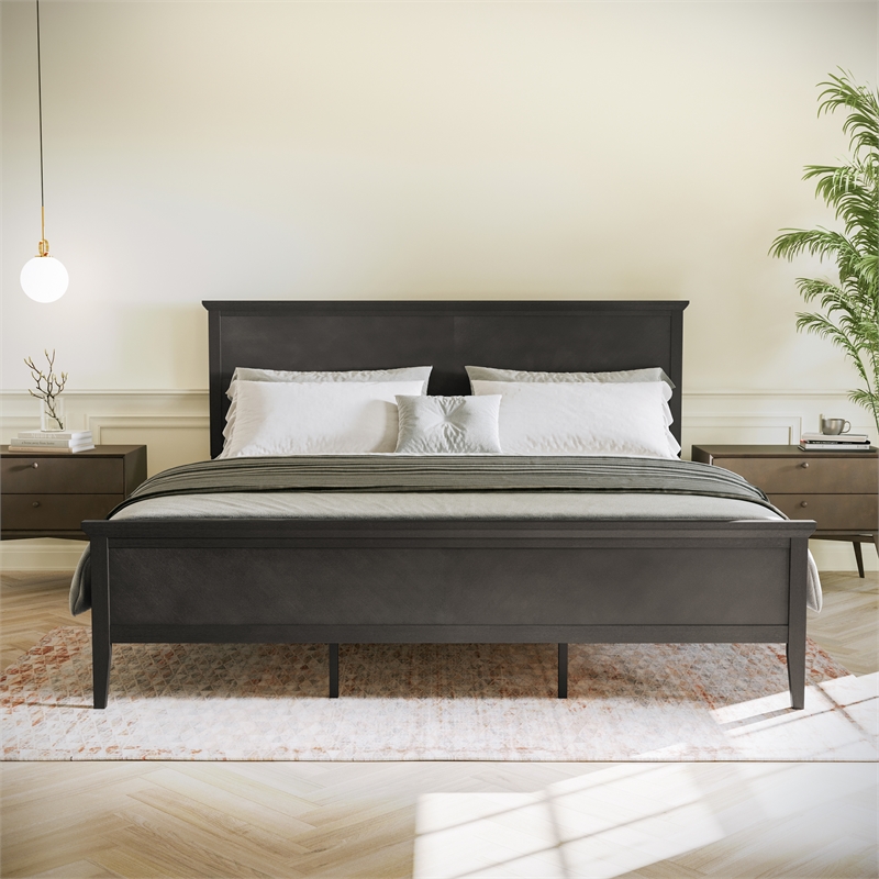 Solid Wood King Platform Bed Frame with Headboard and Footboard in Dark Gray