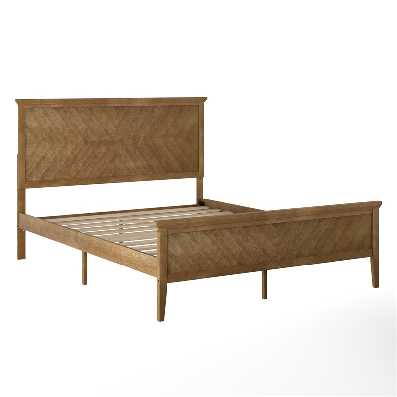 Solid Wood Queen Platform Bed Frame with Headboard and Footboard in Light Brown
