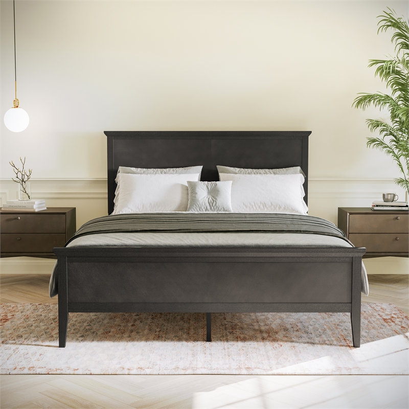 Solid Wood Queen Platform Bed Frame with Headboard and Footboard in Dark Gray