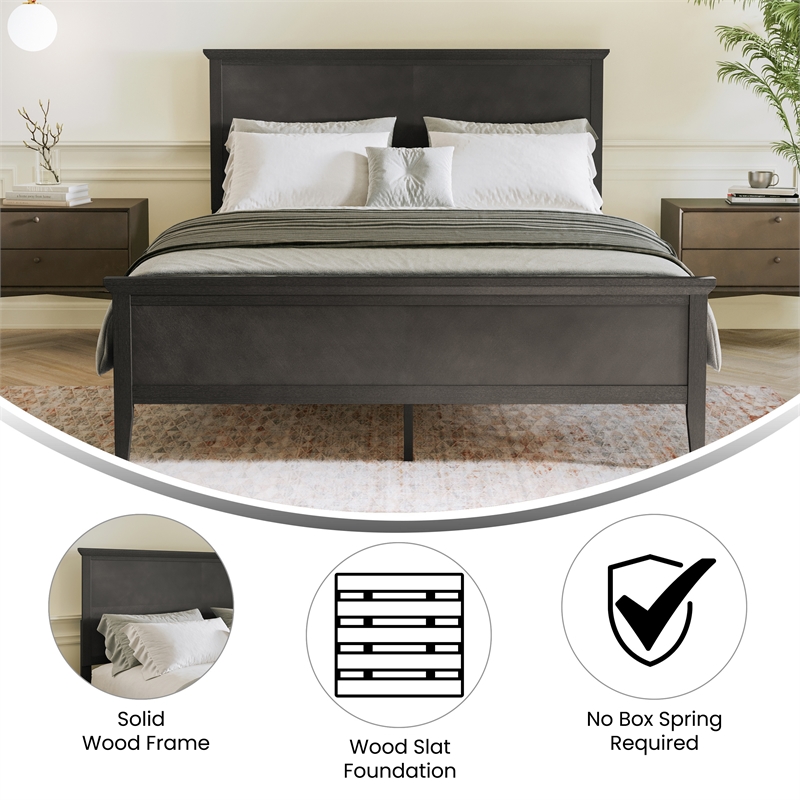 Solid Wood Queen Platform Bed Frame with Headboard and Footboard in Dark Gray