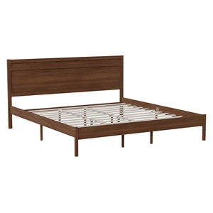 Solid Wood Platform Bed with Headboard and Wooden Slats in Brown - King