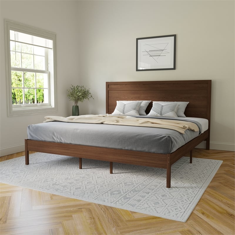 Solid Wood Platform Bed with Headboard and Wooden Slats in Brown - King