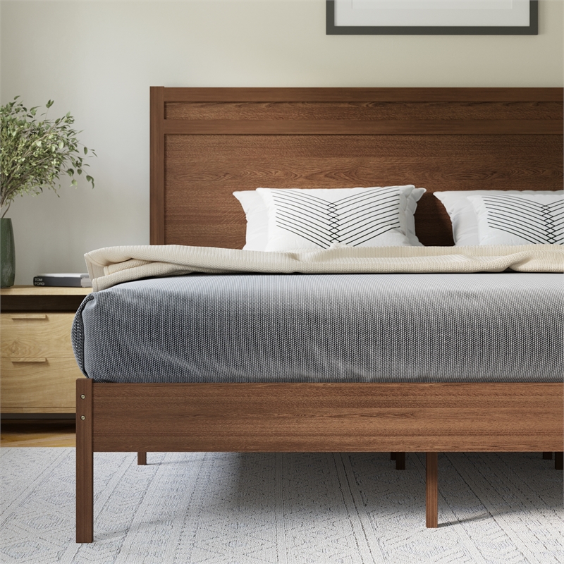 Solid Wood Platform Bed with Headboard and Wooden Slats in Brown - King