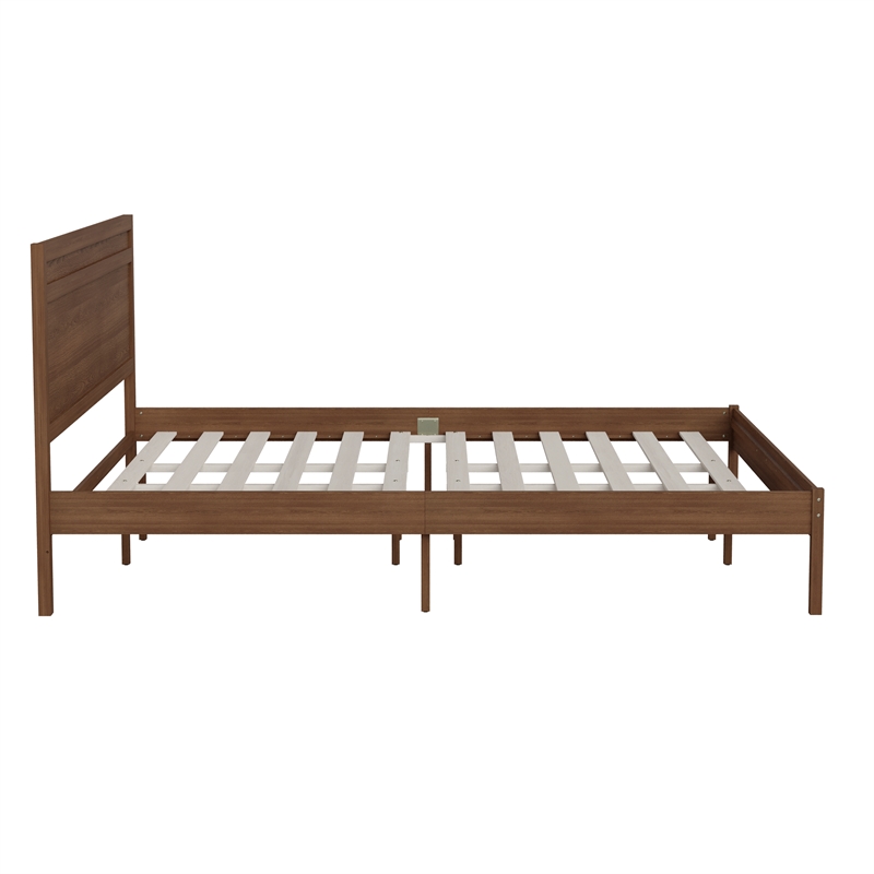 Solid Wood Platform Bed with Headboard and Wooden Slats in Brown - King