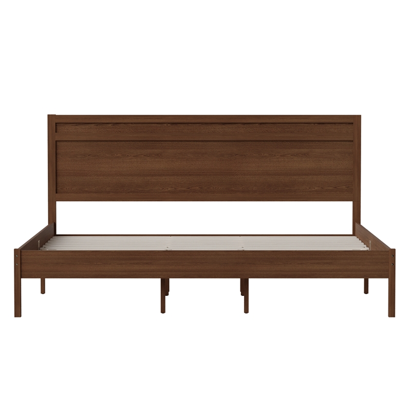 Solid Wood Platform Bed with Headboard and Wooden Slats in Brown - King