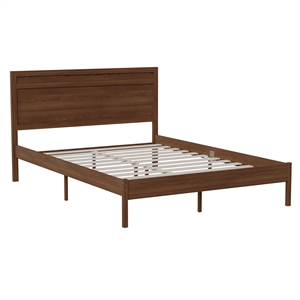 Solid Wood Platform Bed with Headboard and Wooden Slats in Brown - Queen