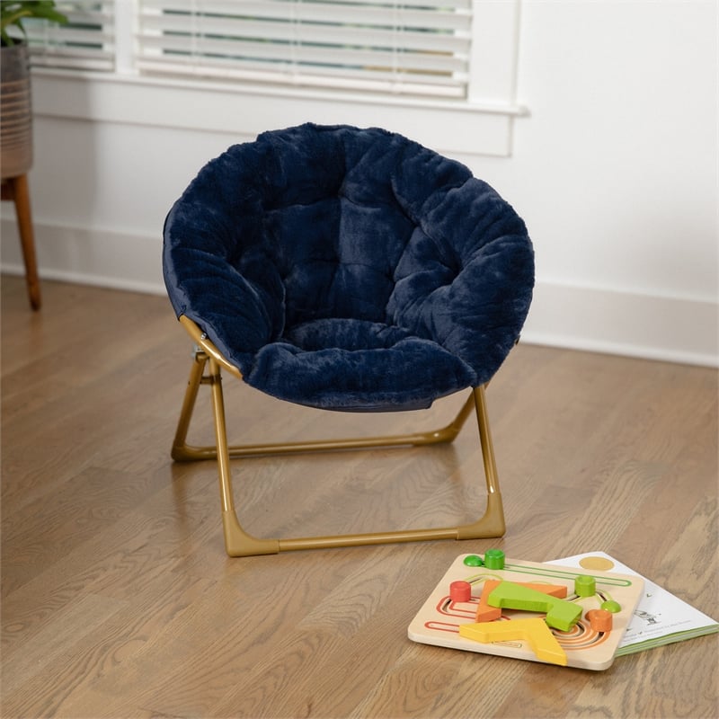 Kids Folding Faux Fur Saucer Chair for Playroom or Bedroom-Navy/Soft Gold