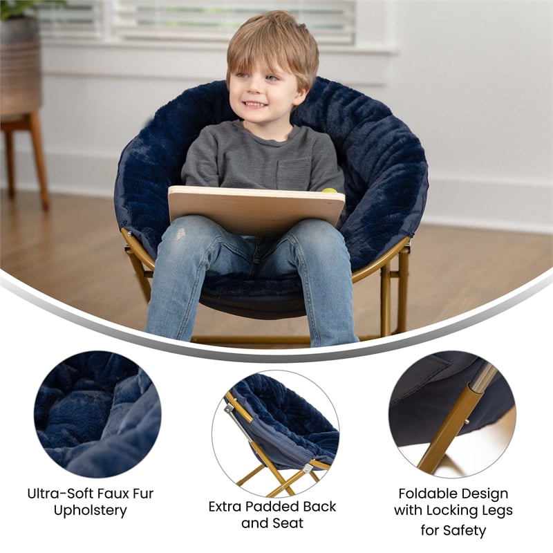 Kids Folding Faux Fur Saucer Chair for Playroom or Bedroom-Navy/Soft Gold