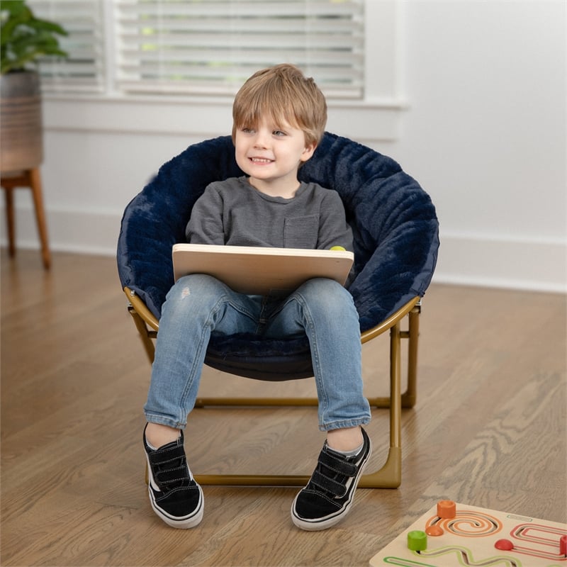 Kids Folding Faux Fur Saucer Chair for Playroom or Bedroom-Navy/Soft Gold