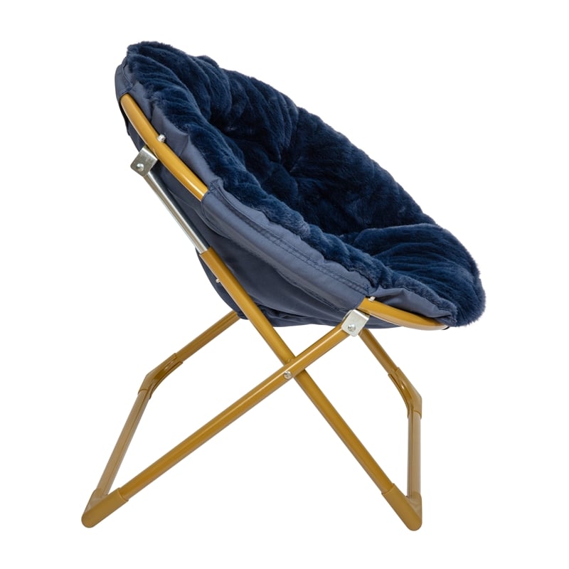 Kids Folding Faux Fur Saucer Chair for Playroom or Bedroom-Navy/Soft Gold