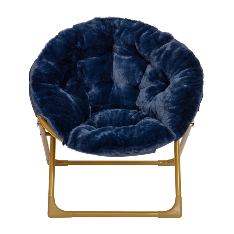 Kids Folding Faux Fur Saucer Chair for Playroom or Bedroom-Navy/Soft Gold