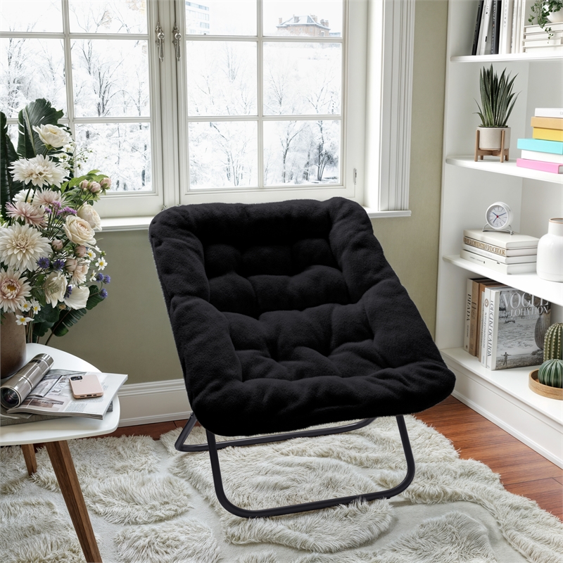 Folding Faux Fur Oversized Saucer Chair with Steel Frame - Black/Black