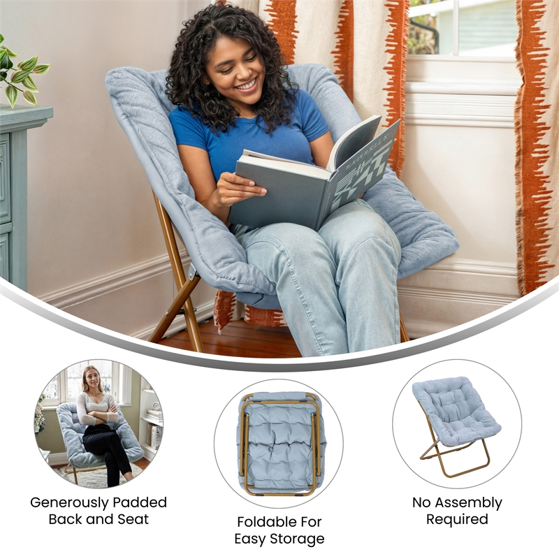 Folding Faux Fur Oversized Saucer Chair with Steel Frame - Dusty Aqua/Soft Gold