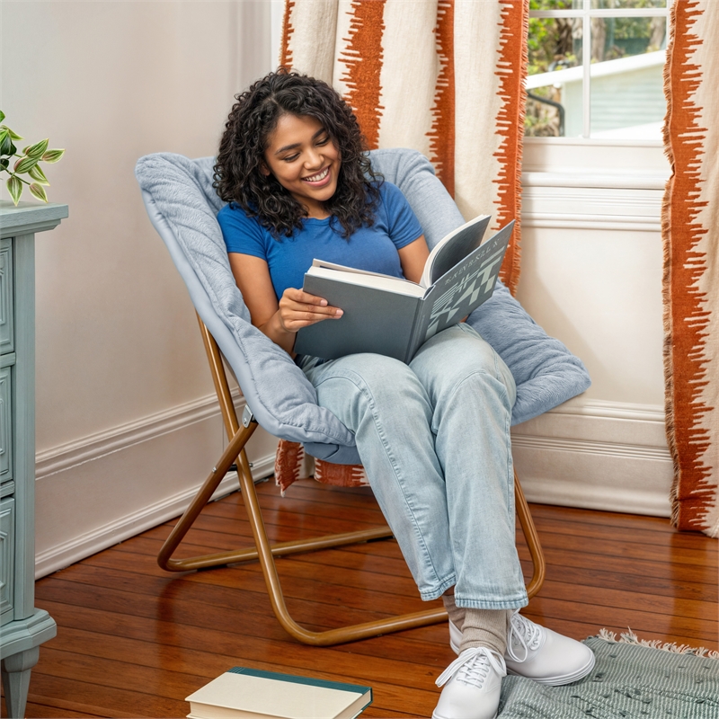 Folding Faux Fur Oversized Saucer Chair with Steel Frame - Dusty Aqua/Soft Gold