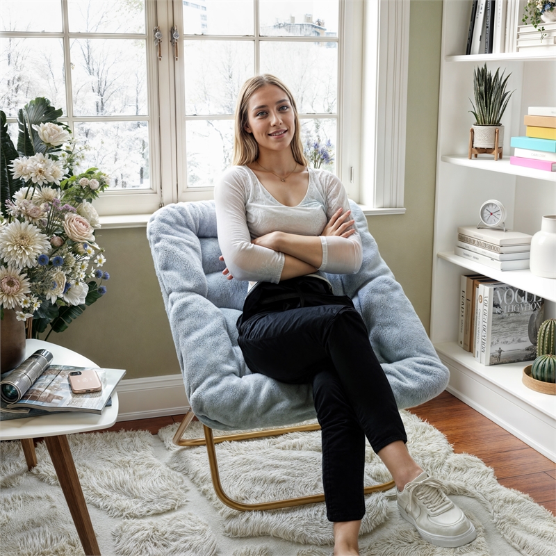 Folding Faux Fur Oversized Saucer Chair with Steel Frame - Dusty Aqua/Soft Gold