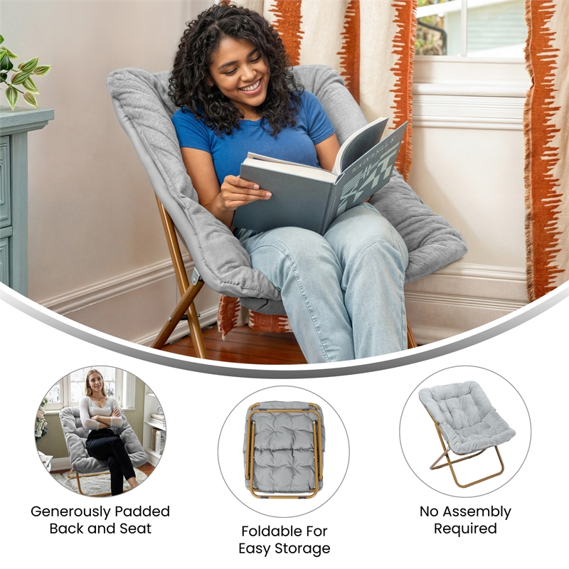 Folding Faux Fur Oversized Saucer Chair with Steel Frame - Gray/Soft Gold