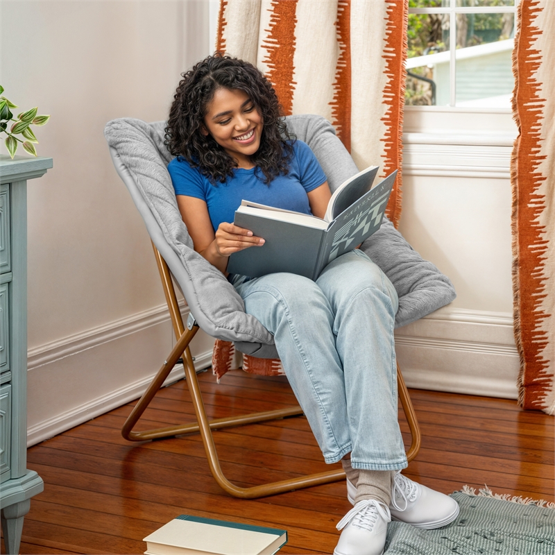 Folding Faux Fur Oversized Saucer Chair with Steel Frame - Gray/Soft Gold
