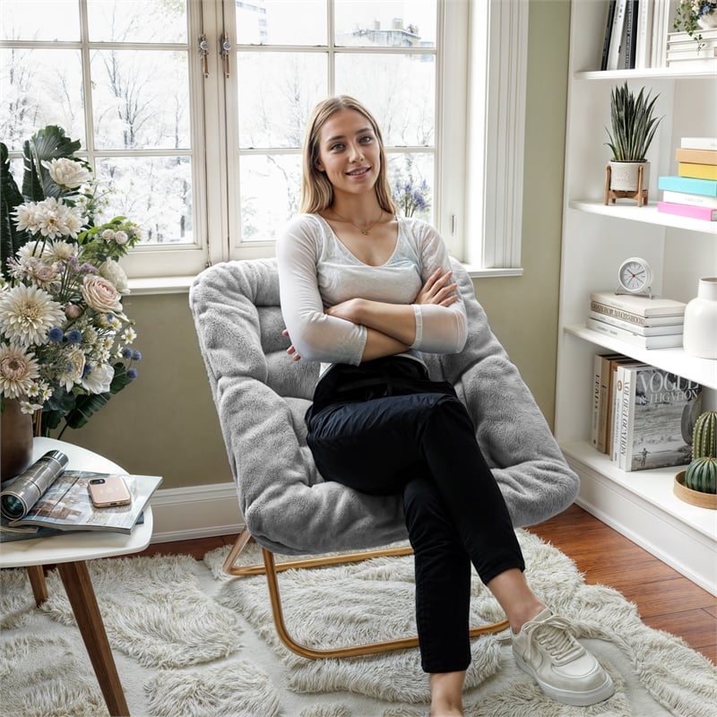 Folding Faux Fur Oversized Saucer Chair with Steel Frame - Gray/Soft Gold