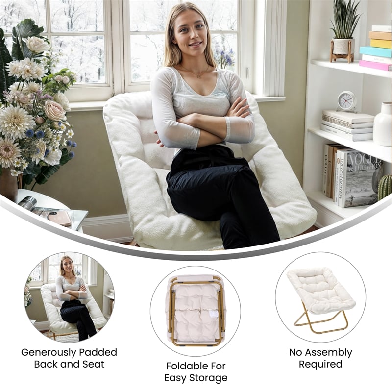 Folding Faux Shearling Oversized Saucer Chair with Steel Frame - Ivory/Soft Gold