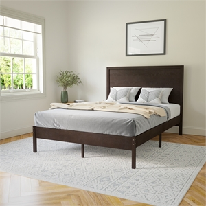 Solid Wood Platform Bed with Headboard and Wooden Slats in Dark Brown - Full