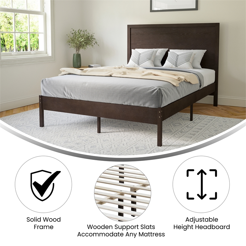 Solid Wood Platform Bed with Headboard and Wooden Slats in Dark Brown - Full