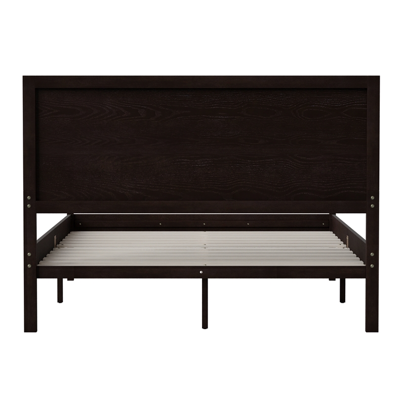 Solid Wood Platform Bed with Headboard and Wooden Slats in Dark Brown - Full