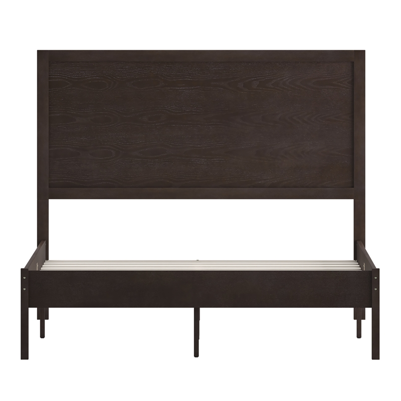 Solid Wood Platform Bed with Headboard and Wooden Slats in Dark Brown - Full