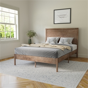 Solid Wood Platform Bed with Headboard and Wooden Slats in Light Brown - Full