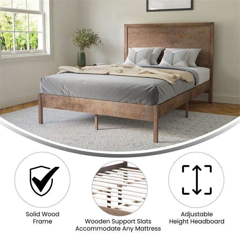 Solid Wood Platform Bed with Headboard and Wooden Slats in Light Brown - Full