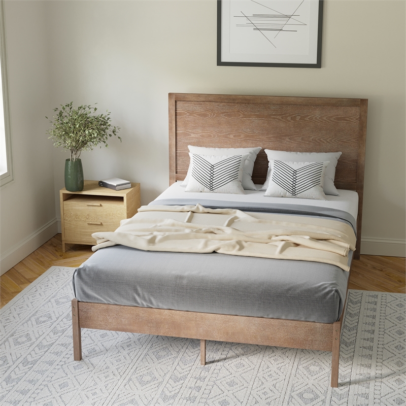 Solid Wood Platform Bed with Headboard and Wooden Slats in Light Brown - Full