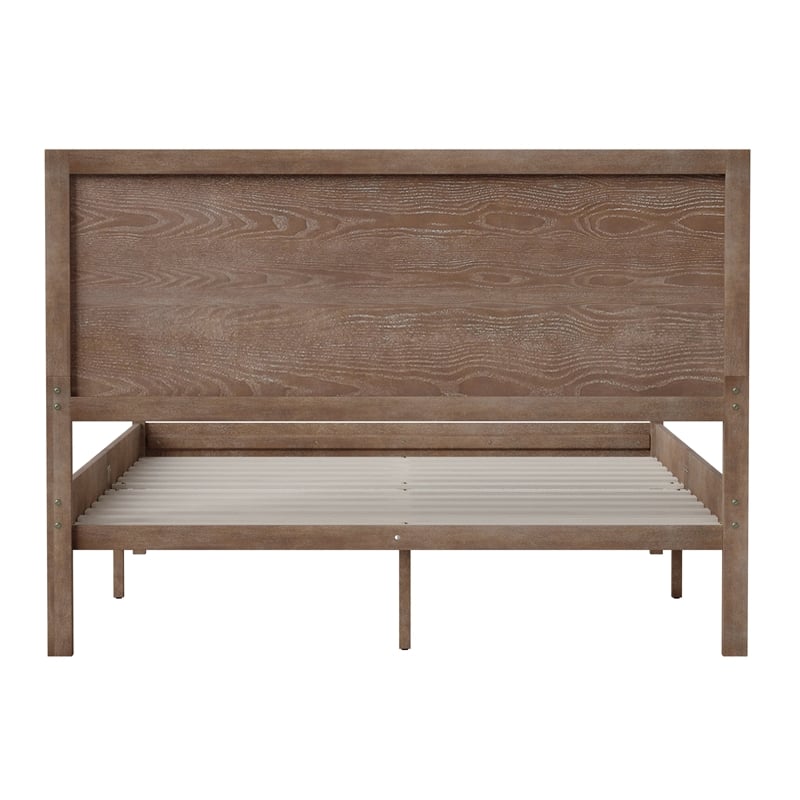 Solid Wood Platform Bed with Headboard and Wooden Slats in Light Brown - Full