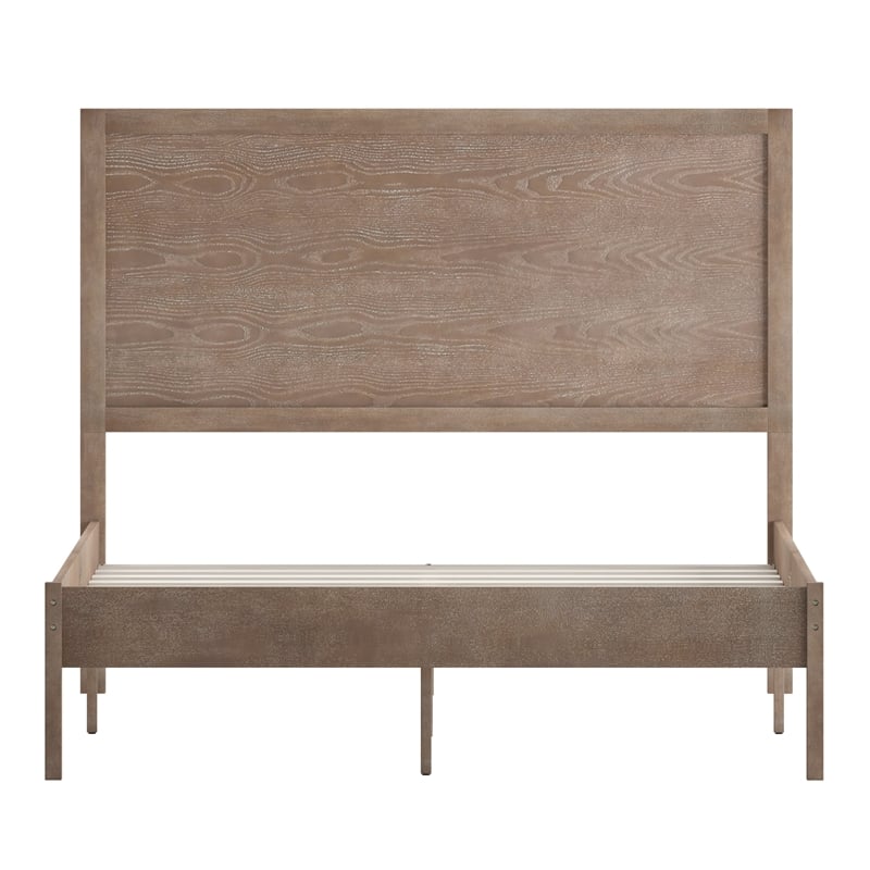 Solid Wood Platform Bed with Headboard and Wooden Slats in Light Brown - Full