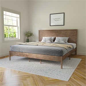 Solid Wood Platform Bed with Headboard and Wooden Slats in Light Brown - King